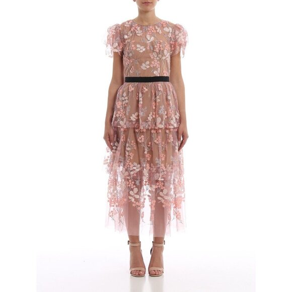 Self-Portrait Lace And Sequin Floral Midi Dress Size US 4 Pink $550 - Picture 3 of 16